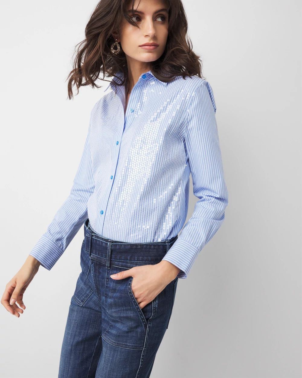 【現金特価】 White | Shirt Poplin Striped Sequin House Market Black Tops